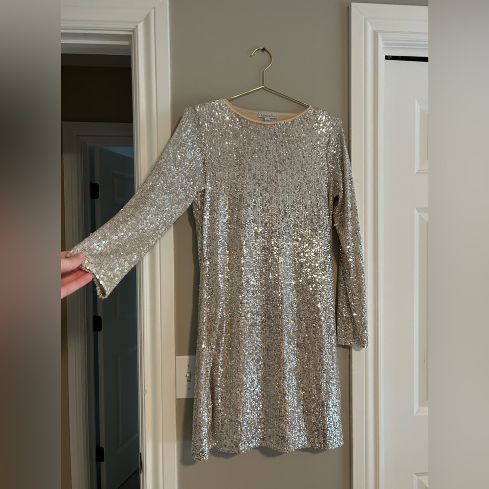 Ophelia Roe Long Sleeve Champagne Sequin Mini Dress, Size Small
